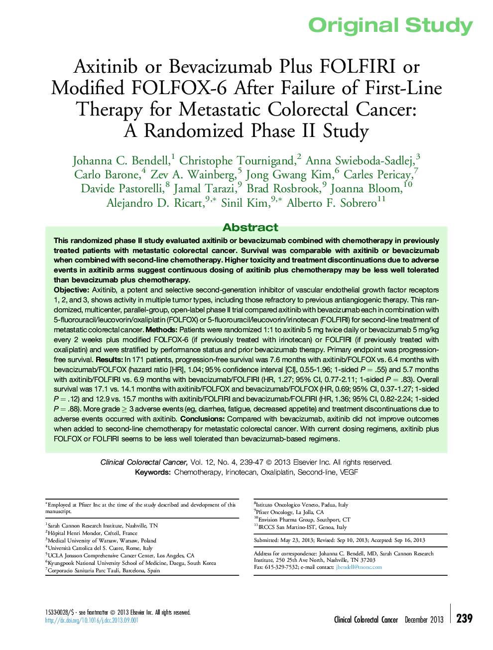 Axitinib or Bevacizumab Plus FOLFIRI or Modified FOLFOX-6 After Failure of First-Line Therapy for Metastatic Colorectal Cancer: A Randomized Phase II Study