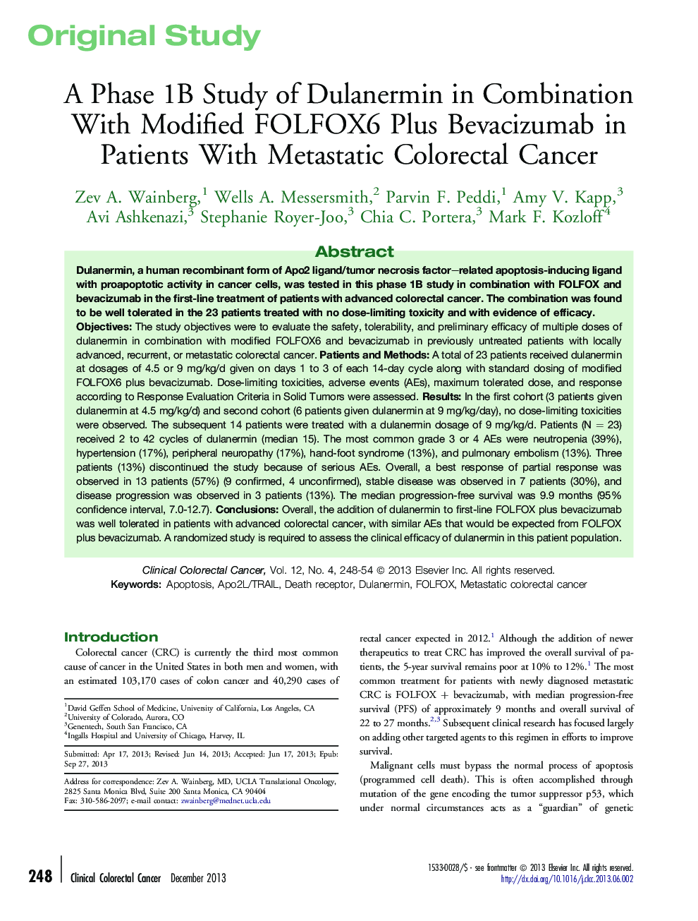 A Phase 1B Study of Dulanermin in Combination With Modified FOLFOX6 Plus Bevacizumab in Patients With Metastatic Colorectal Cancer