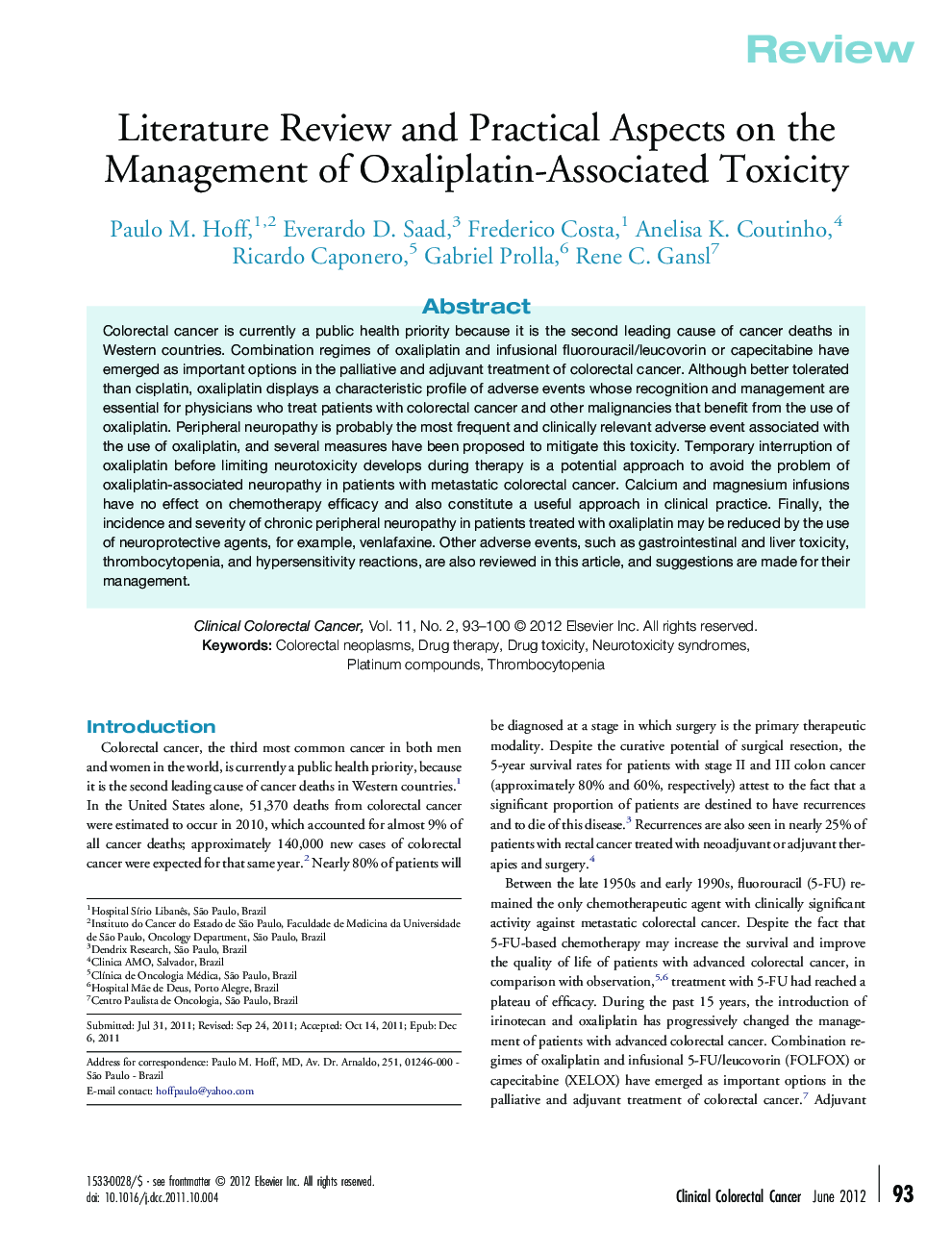 Literature Review and Practical Aspects on the Management of Oxaliplatin-Associated Toxicity