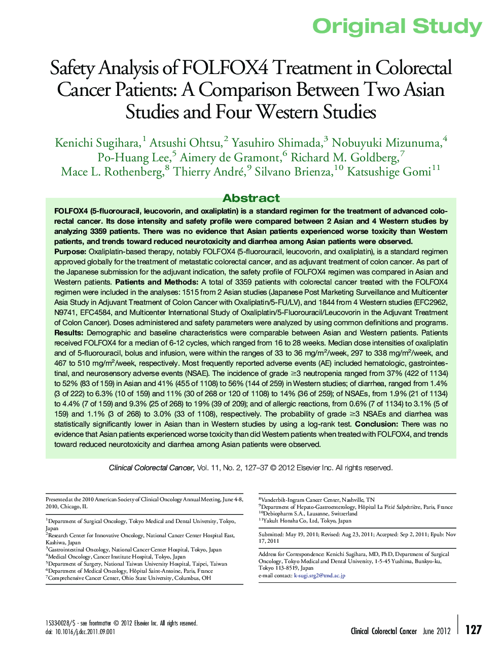 Safety Analysis of FOLFOX4 Treatment in Colorectal Cancer Patients: A Comparison Between Two Asian Studies and Four Western Studies