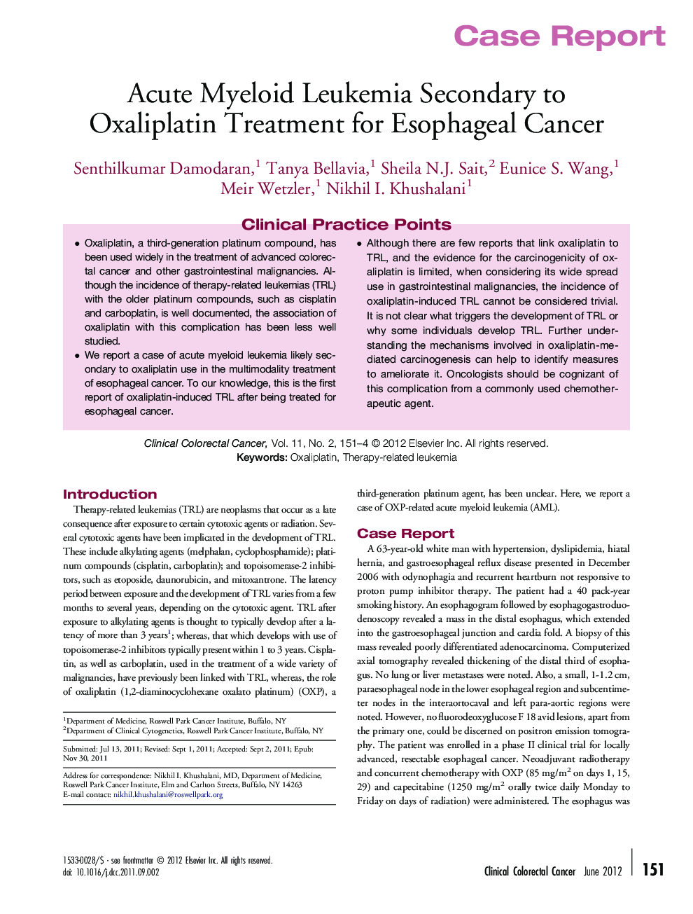 Acute Myeloid Leukemia Secondary to Oxaliplatin Treatment for Esophageal Cancer