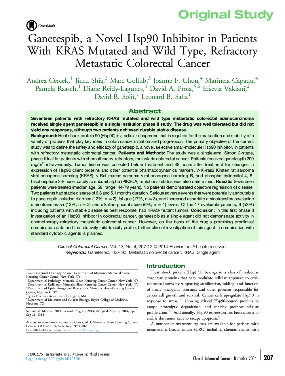Ganetespib, a Novel Hsp90 Inhibitor in Patients With KRAS Mutated and Wild Type, Refractory Metastatic Colorectal Cancer