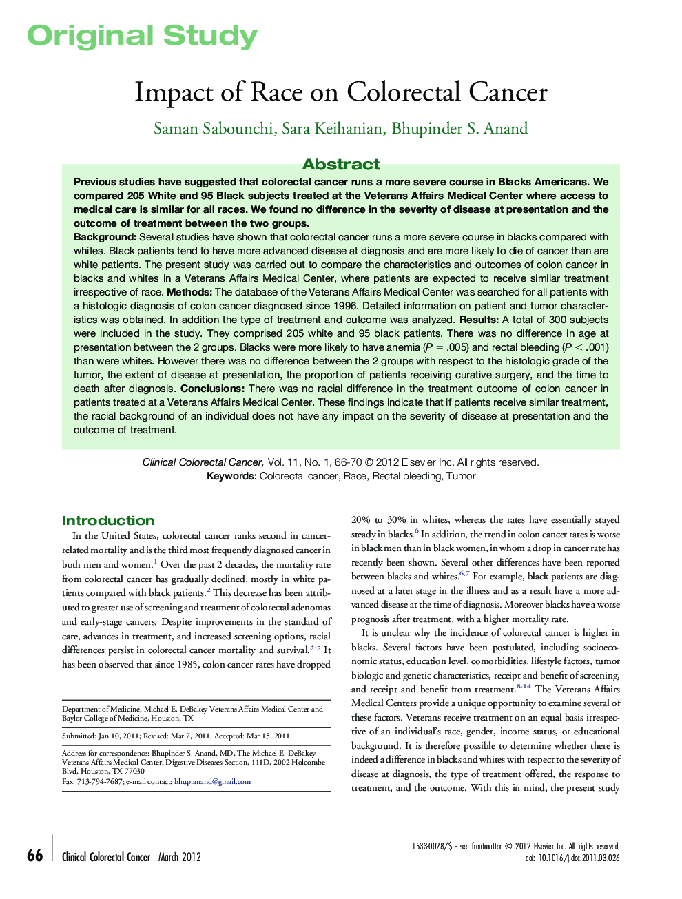 عکس صفحه اول مقاله: Impact of Race on Colorectal Cancer Impact of Race on Colorectal Cancer