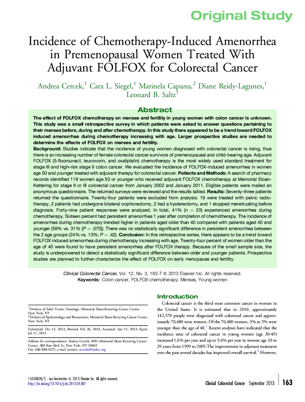 Incidence of Chemotherapy-Induced Amenorrhea in Premenopausal Women Treated With Adjuvant FOLFOX for Colorectal Cancer