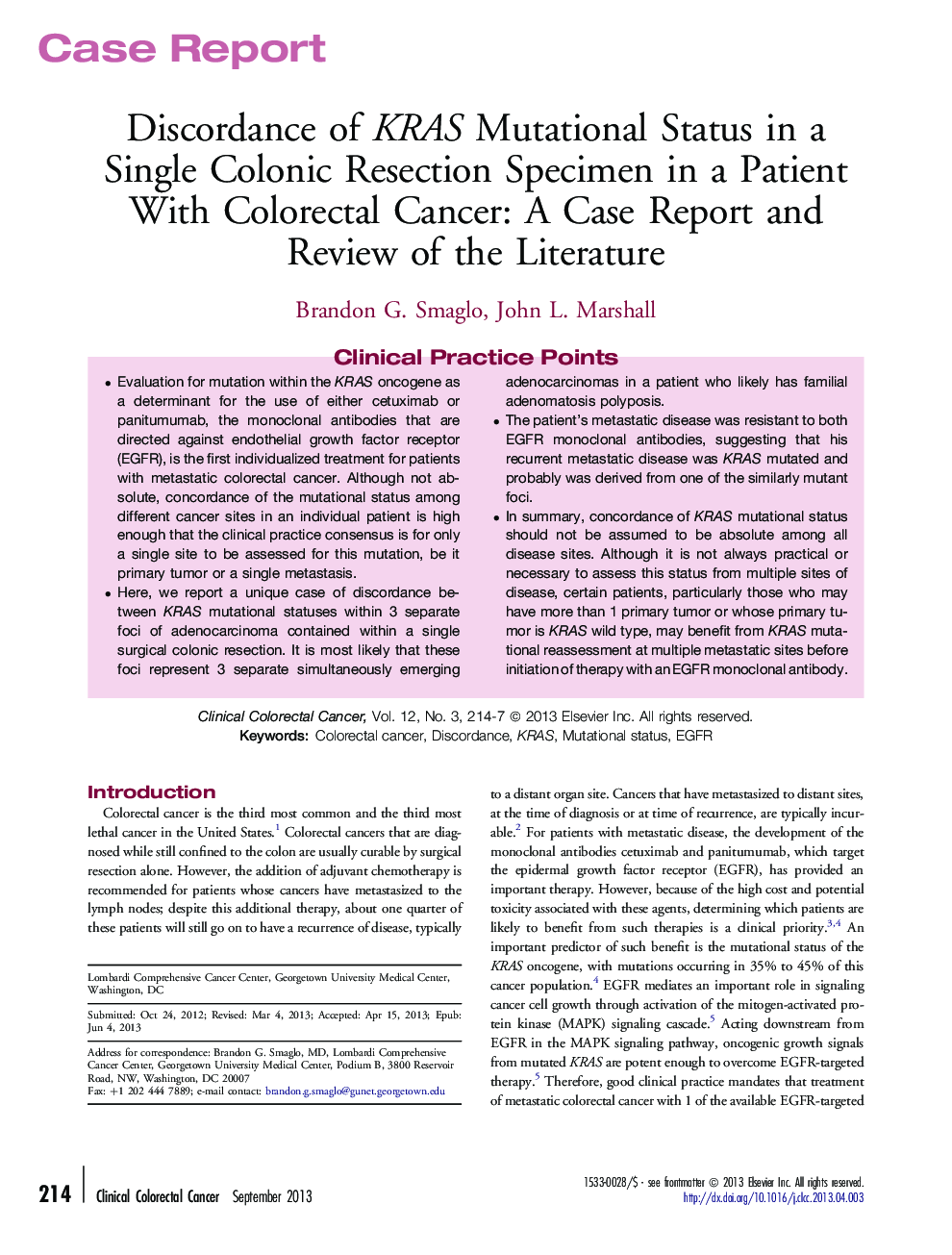 Discordance of KRAS Mutational Status in a Single Colonic Resection Specimen in a Patient With Colorectal Cancer: A Case Report and Review of the Literature