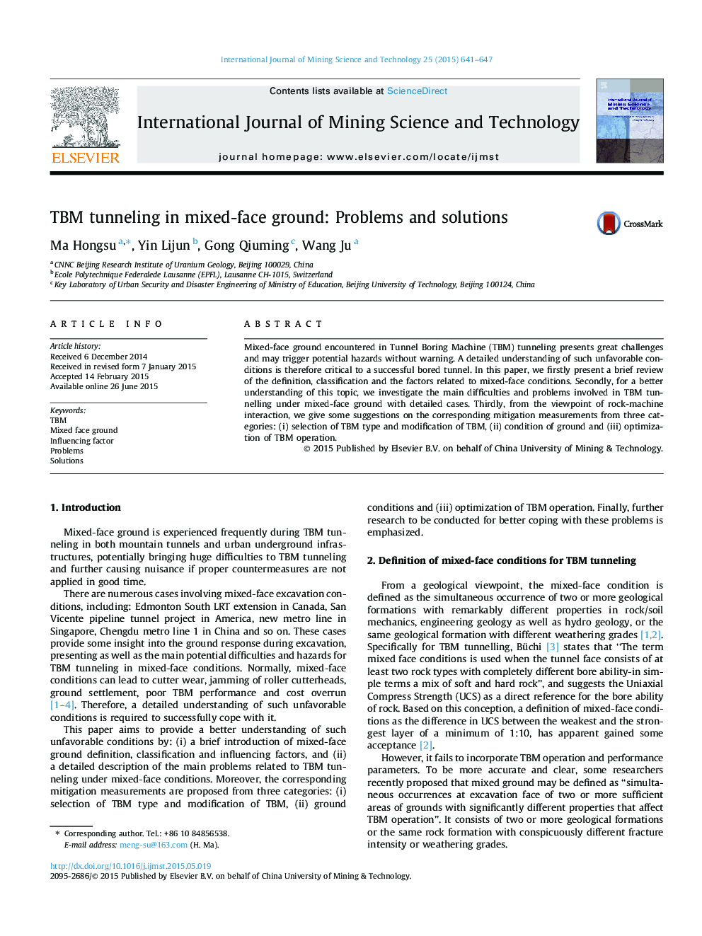 TBM tunneling in mixed-face ground: Problems and solutions