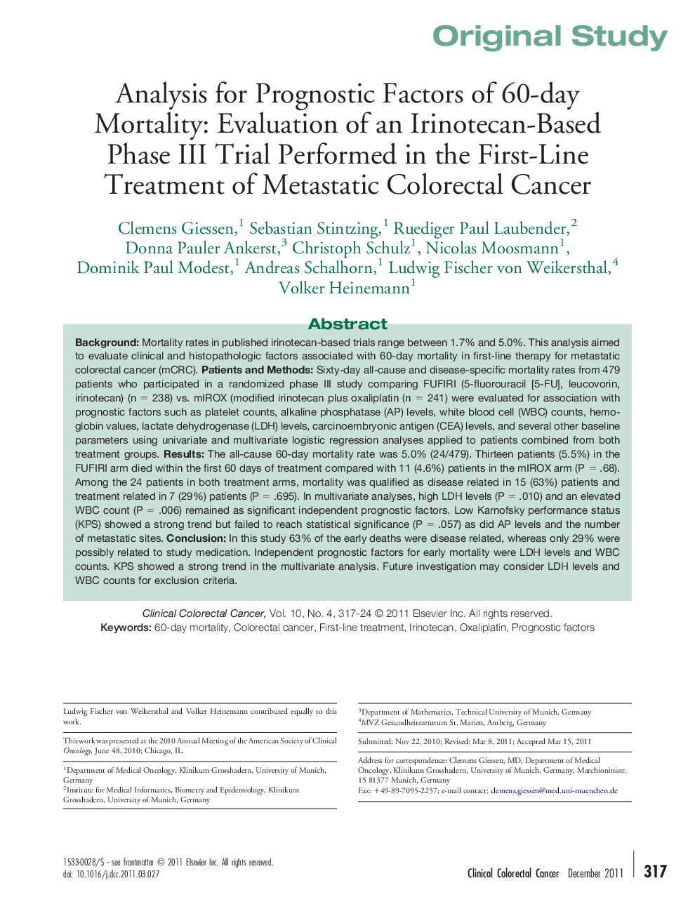 Analysis for Prognostic Factors of 60-day Mortality: Evaluation of an Irinotecan-Based Phase III Trial Performed in the First-Line Treatment of Metastatic Colorectal Cancer 