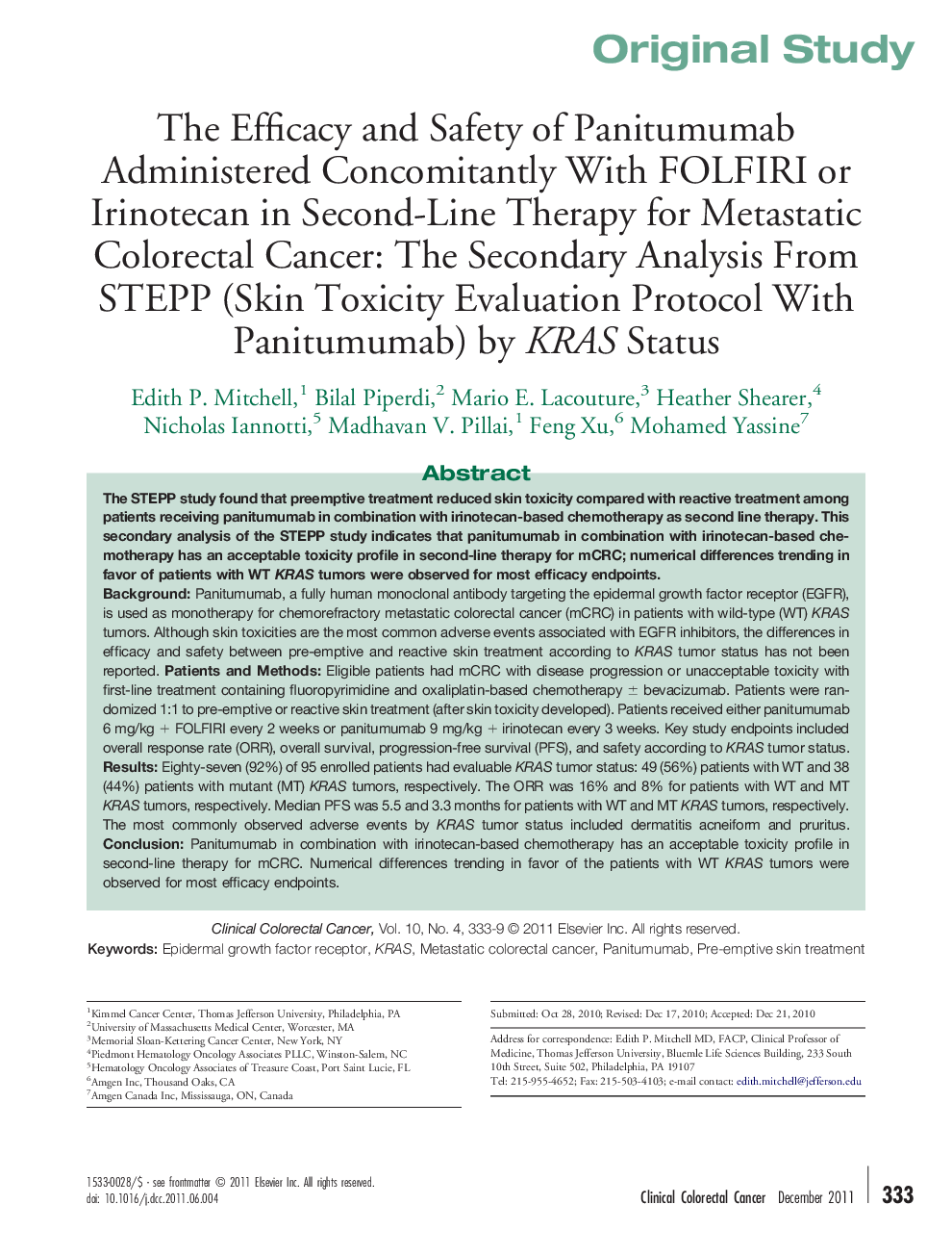 The Efficacy and Safety of Panitumumab Administered Concomitantly With FOLFIRI or Irinotecan in Second-Line Therapy for Metastatic Colorectal Cancer: The Secondary Analysis From STEPP (Skin Toxicity Evaluation Protocol With Panitumumab) by KRAS Status