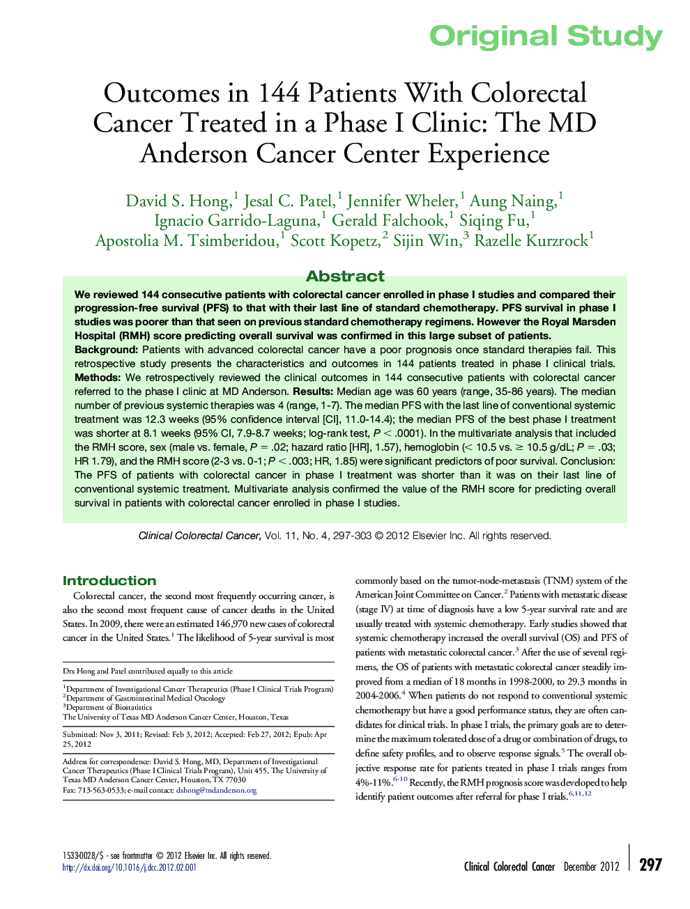 عکس صفحه اول مقاله: Outcomes in 144 Patients With Colorectal Cancer Treated in a Phase I Clinic: The MD Anderson Cancer Center Experience Outcomes in 144 Patients With Colorectal Cancer Treated in a Phase I Clinic: The MD Anderson Cancer Center Experience
