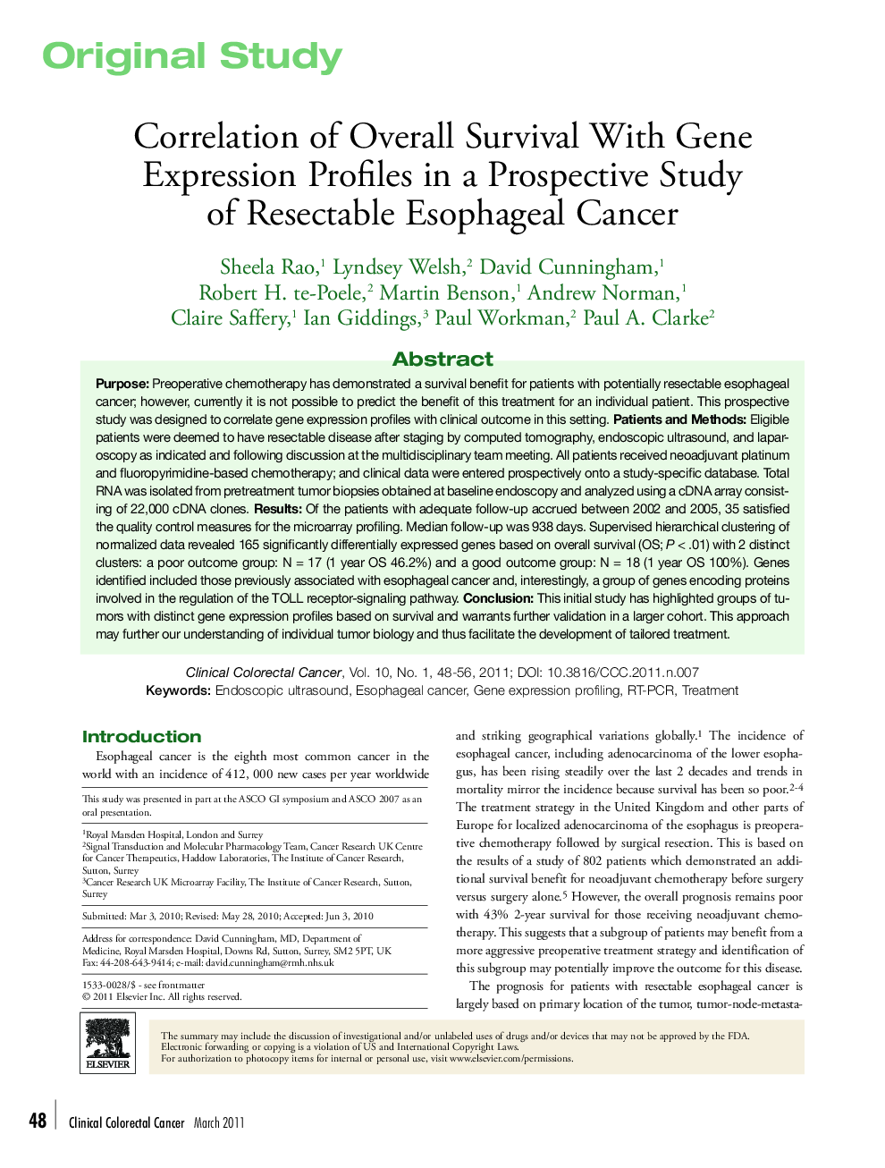 Correlation of Overall Survival With Gene Expression Profiles in a Prospective Study of Resectable Esophageal Cancer 