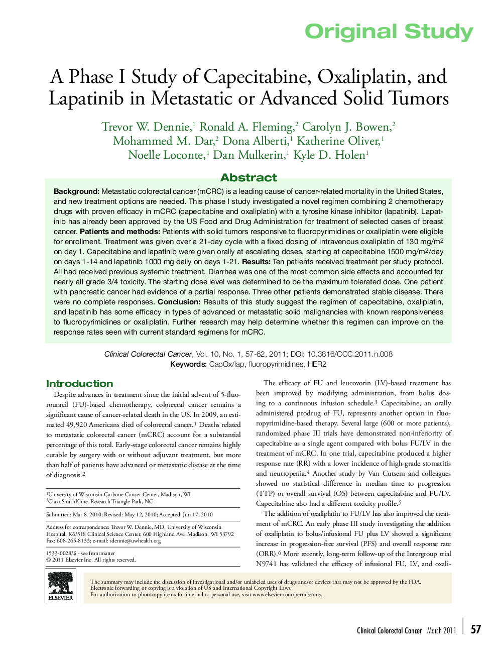 A Phase I Study of Capecitabine, Oxaliplatin, and Lapatinib in Metastatic or Advanced Solid Tumors 