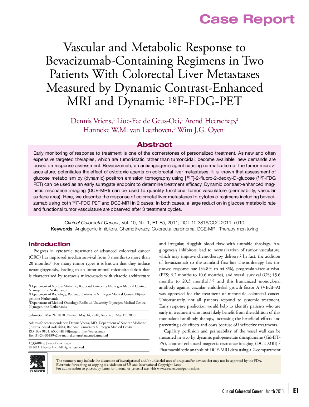 Vascular and Metabolic Response to Bevacizumab-Containing Regimens in Two Patients With Colorectal Liver Metastases Measured by Dynamic Contrast-Enhanced MRI and Dynamic 18F-FDG-PET 