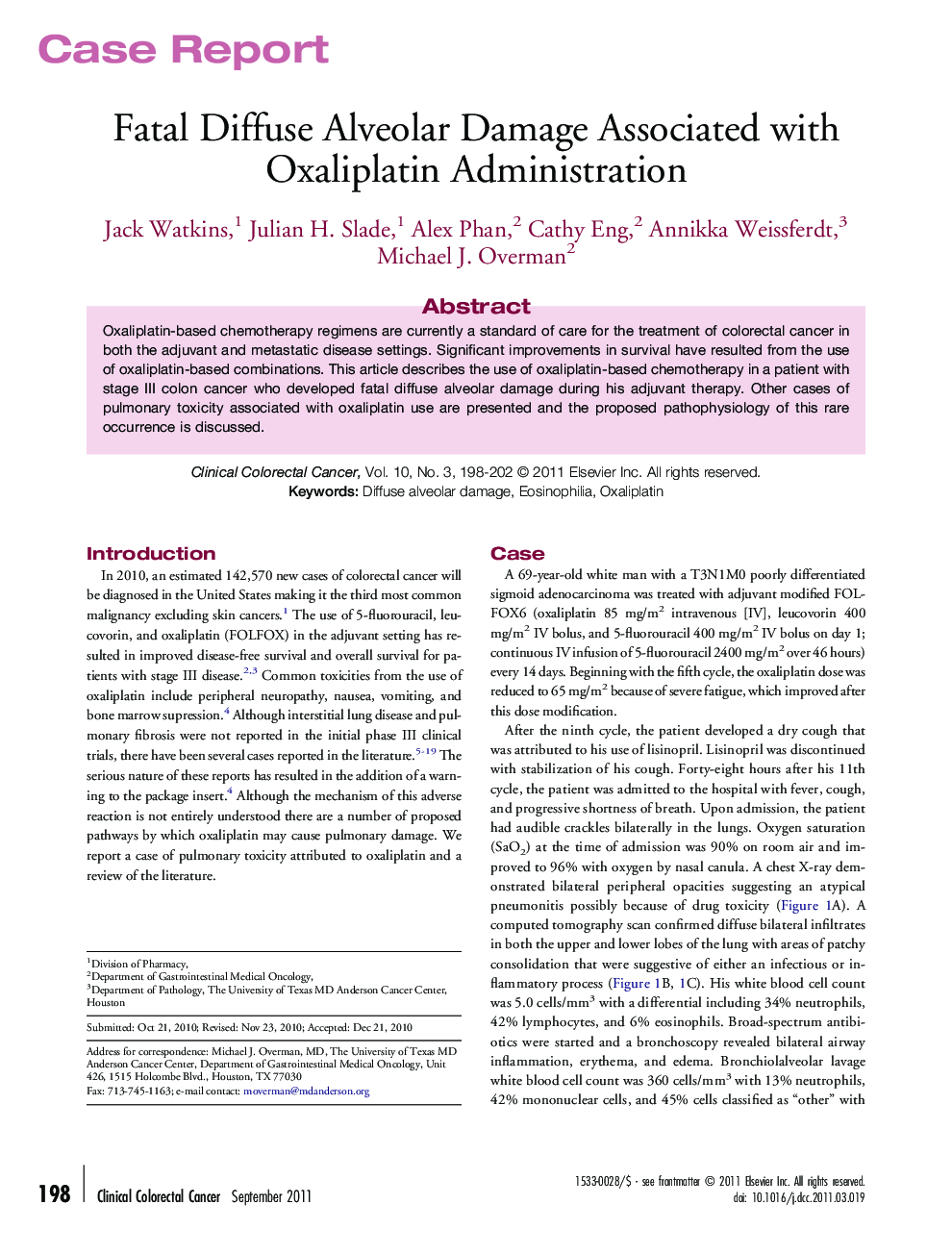 Fatal Diffuse Alveolar Damage Associated with Oxaliplatin Administration