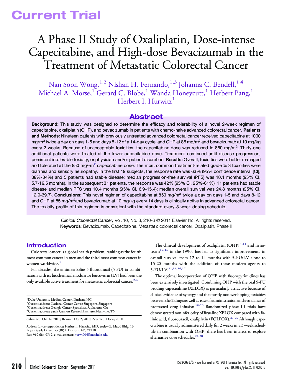 A Phase II Study of Oxaliplatin, Dose-intense Capecitabine, and High-dose Bevacizumab in the Treatment of Metastatic Colorectal Cancer