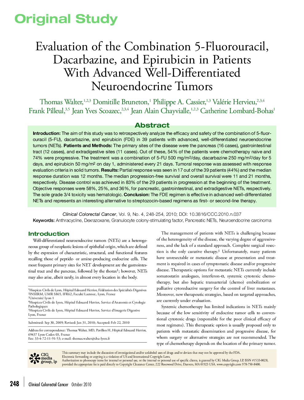 Evaluation of the Combination 5-Fluorouracil, Dacarbazine, and Epirubicin in Patients With Advanced Well-Differentiated Neuroendocrine Tumors 