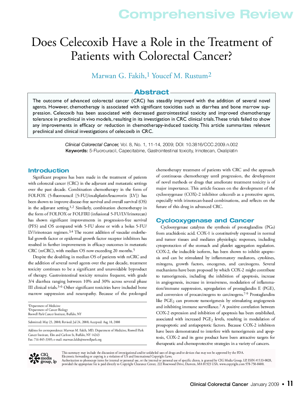 عکس صفحه اول مقاله: Does Celecoxib Have a Role in the Treatment of Patients with Colorectal Cancer? Does Celecoxib Have a Role in the Treatment of Patients with Colorectal Cancer?