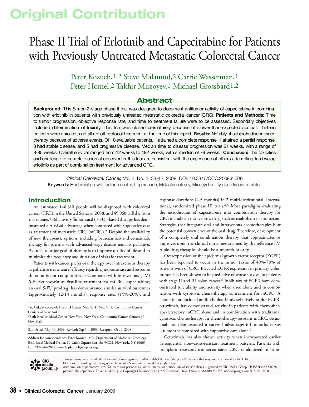 عکس صفحه اول مقاله: Phase II Trial of Erlotinib and Capecitabine for Patients with Previously Untreated Metastatic Colorectal Cancer Phase II Trial of Erlotinib and Capecitabine for Patients with Previously Untreated Metastatic Colorectal Cancer