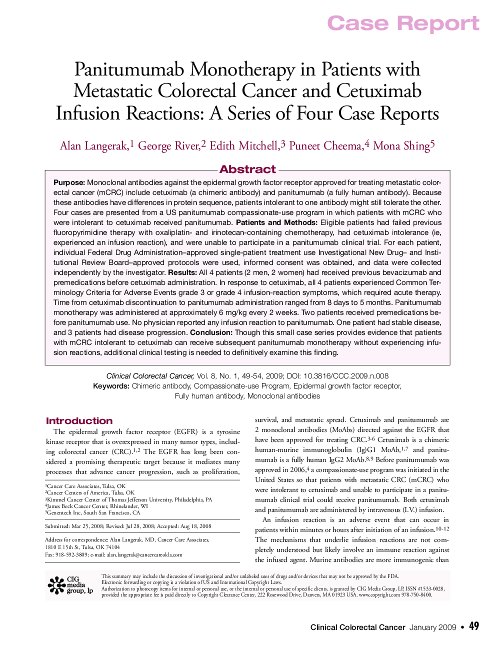عکس صفحه اول مقاله: Panitumumab Monotherapy in Patients with Metastatic Colorectal Cancer and Cetuximab Infusion Reactions: A Series of Four Case Reports Panitumumab Monotherapy in Patients with Metastatic Colorectal Cancer and Cetuximab Infusion Reactions: A Series of Four Case Reports