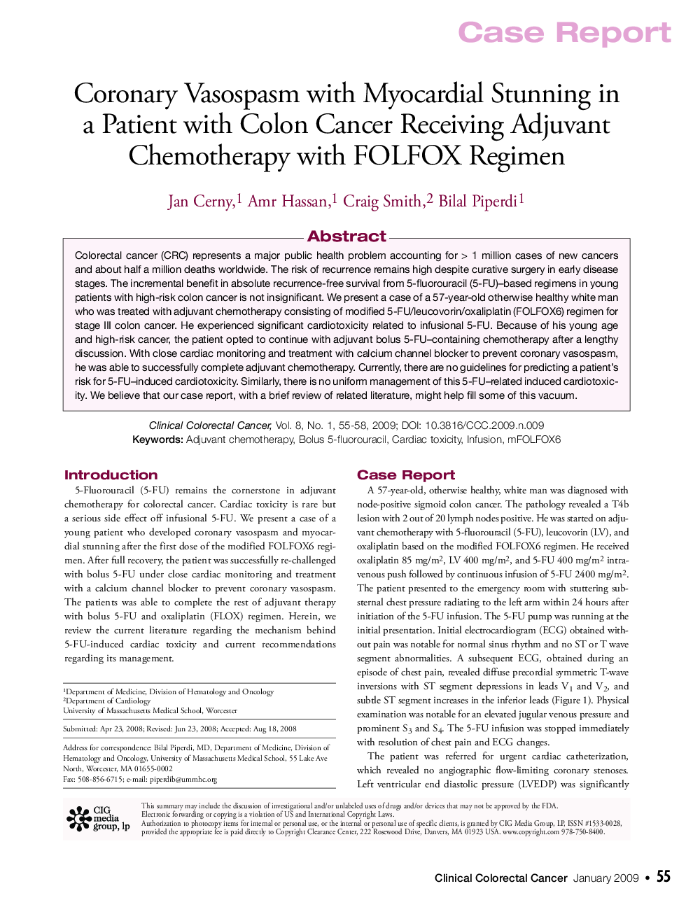عکس صفحه اول مقاله: Coronary Vasospasm with Myocardial Stunning in a Patient with Colon Cancer Receiving Adjuvant Chemotherapy with FOLFOX Regimen Coronary Vasospasm with Myocardial Stunning in a Patient with Colon Cancer Receiving Adjuvant Chemotherapy with FOLFOX Regimen