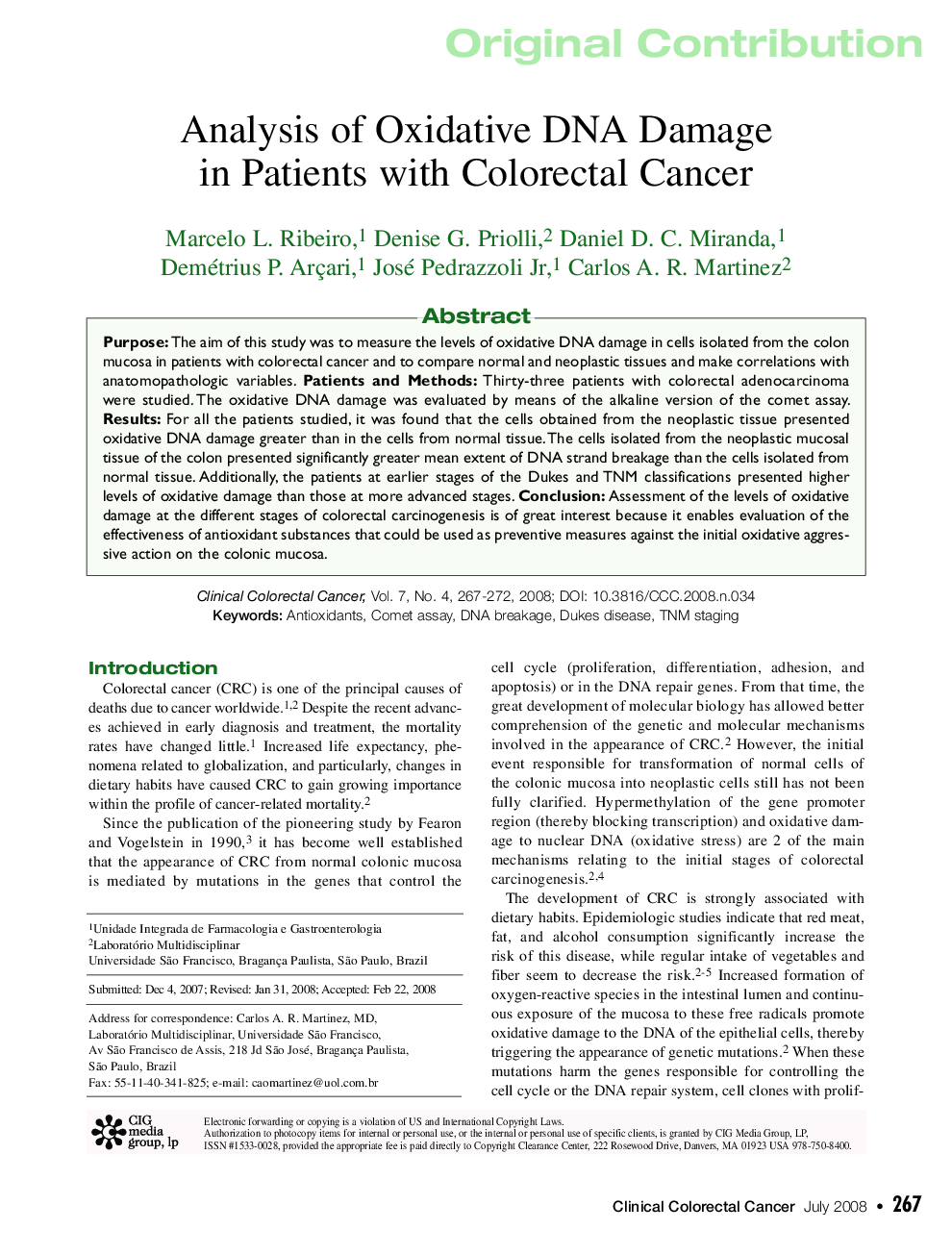 عکس صفحه اول مقاله: Analysis of Oxidative DNA Damage in Patients with Colorectal Cancer Analysis of Oxidative DNA Damage in Patients with Colorectal Cancer