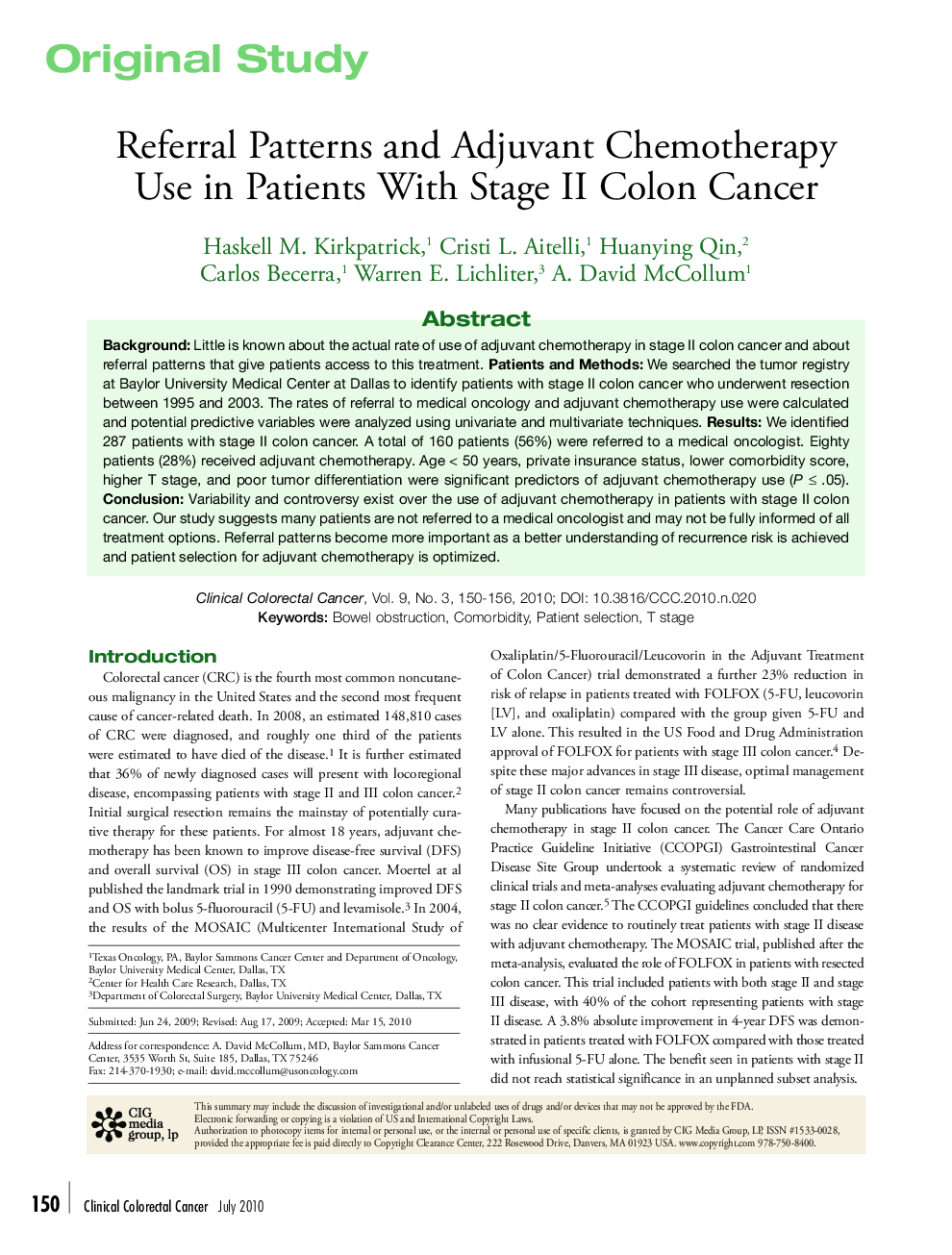 Referral Patterns and Adjuvant Chemotherapy Use in Patients With Stage II Colon Cancer 