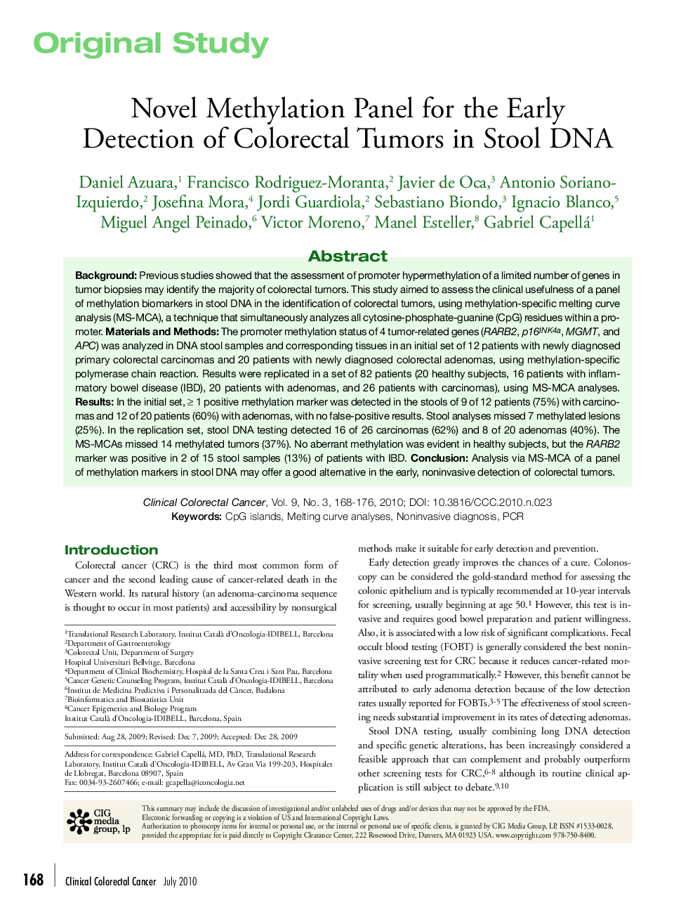 Novel Methylation Panel for the Early Detection of Colorectal Tumors in Stool DNA 