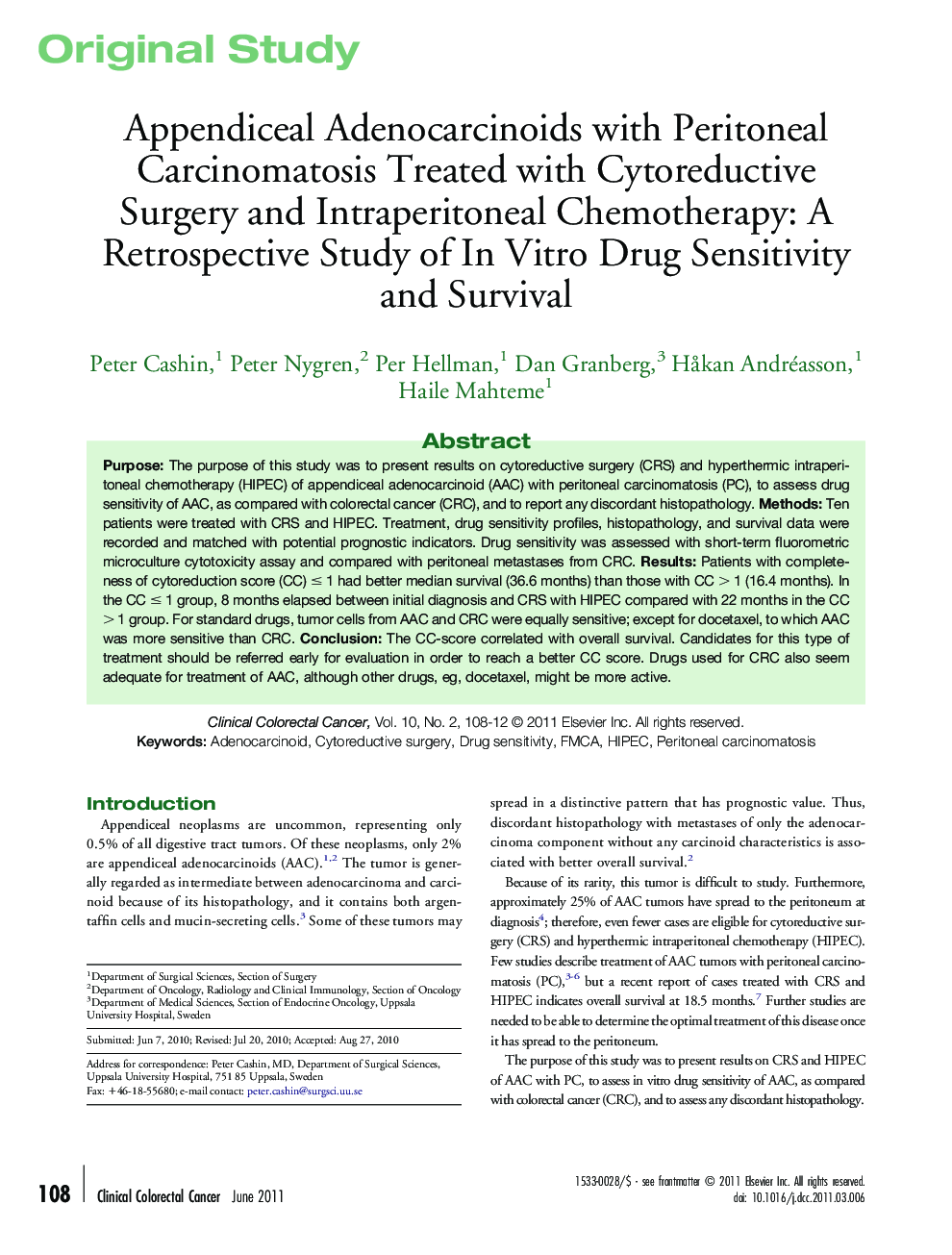 Appendiceal Adenocarcinoids with Peritoneal Carcinomatosis Treated with Cytoreductive Surgery and Intraperitoneal Chemotherapy: A Retrospective Study of In Vitro Drug Sensitivity and Survival