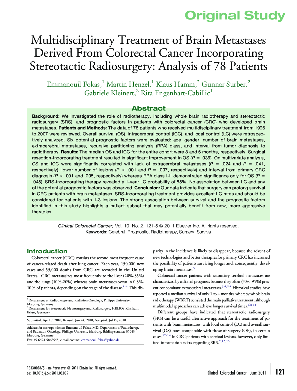 عکس صفحه اول مقاله: Multidisciplinary Treatment of Brain Metastases Derived From Colorectal Cancer Incorporating Stereotactic Radiosurgery: Analysis of 78 Patients Multidisciplinary Treatment of Brain Metastases Derived From Colorectal Cancer Incorporating Stereotactic Radiosurgery: Analysis of 78 Patients