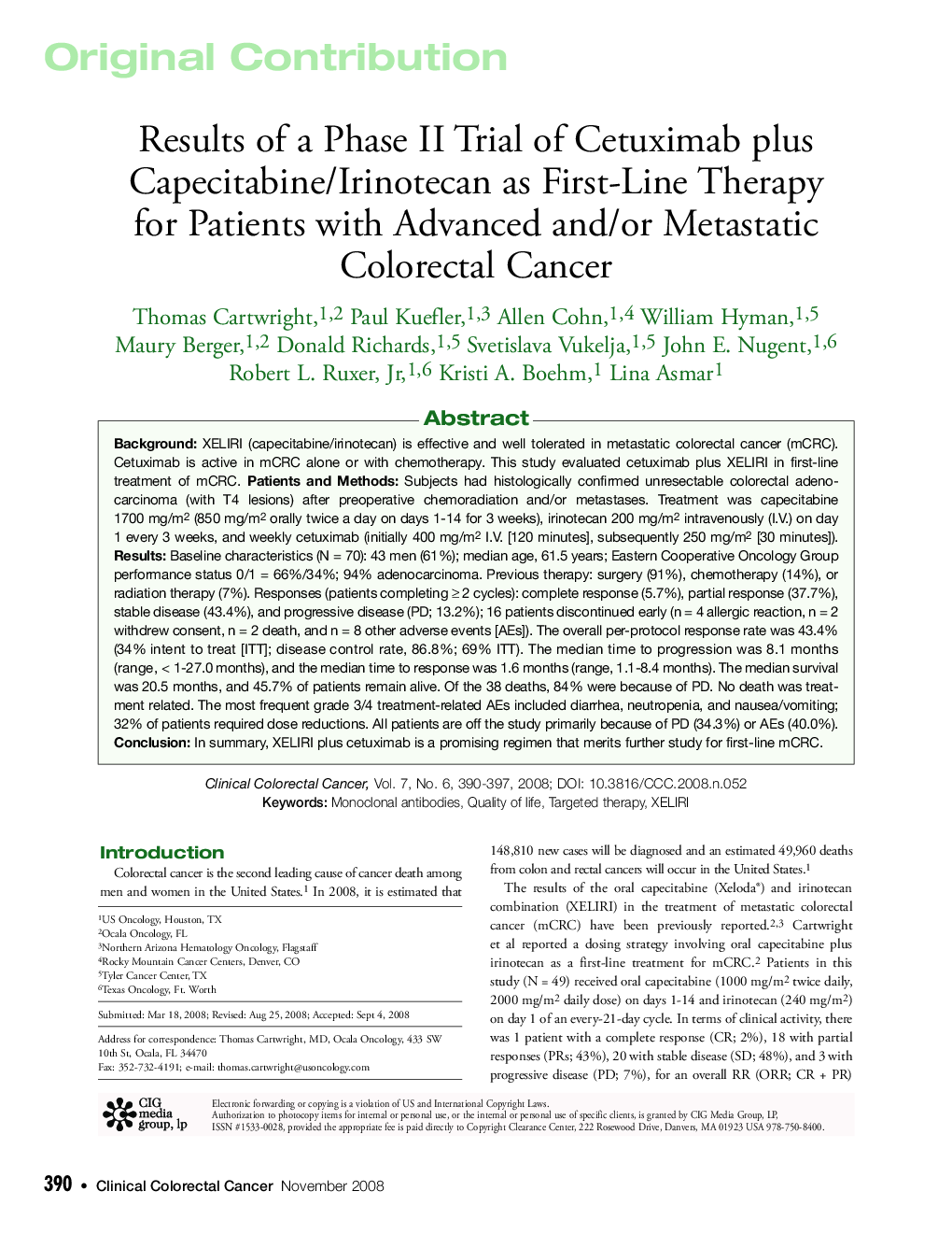 عکس صفحه اول مقاله: Results of a Phase II Trial of Cetuximab plus Capecitabine/Irinotecan as First-Line Therapy for Patients with Advanced and/or Metastatic Colorectal Cancer Results of a Phase II Trial of Cetuximab plus Capecitabine/Irinotecan as First-Line Therapy for Patients with Advanced and/or Metastatic Colorectal Cancer