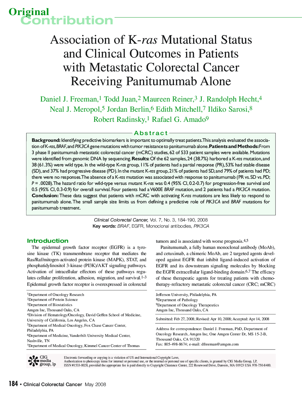 عکس صفحه اول مقاله: Association of K-ras Mutational Status and Clinical Outcomes in Patients with Metastatic Colorectal Cancer Receiving Panitumumab Alone Association of K-ras Mutational Status and Clinical Outcomes in Patients with Metastatic Colorectal Cancer Receiving Panitumumab Alone