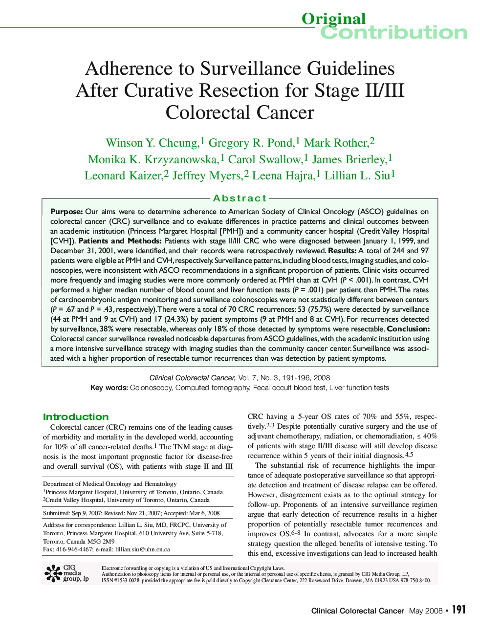 عکس صفحه اول مقاله: Adherence to Surveillance Guidelines After Curative Resection for Stage II/III Colorectal Cancer Adherence to Surveillance Guidelines After Curative Resection for Stage II/III Colorectal Cancer