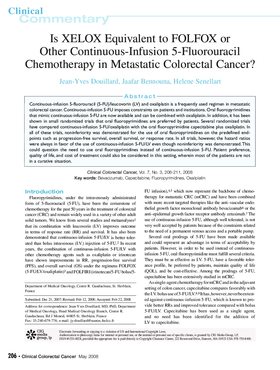 عکس صفحه اول مقاله: Is XELOX Equivalent to FOLFOX or Other Continuous-Infusion 5-Fluorouracil Chemotherapy in Metastatic Colorectal Cancer? Is XELOX Equivalent to FOLFOX or Other Continuous-Infusion 5-Fluorouracil Chemotherapy in Metastatic Colorectal Cancer?