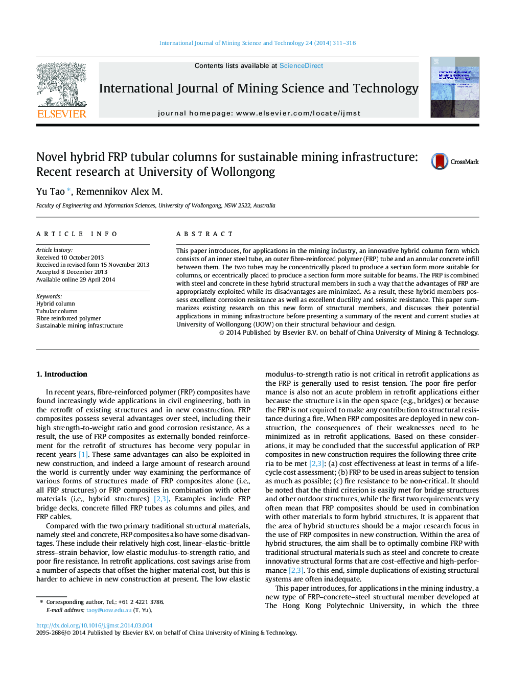 Novel hybrid FRP tubular columns for sustainable mining infrastructure: Recent research at University of Wollongong