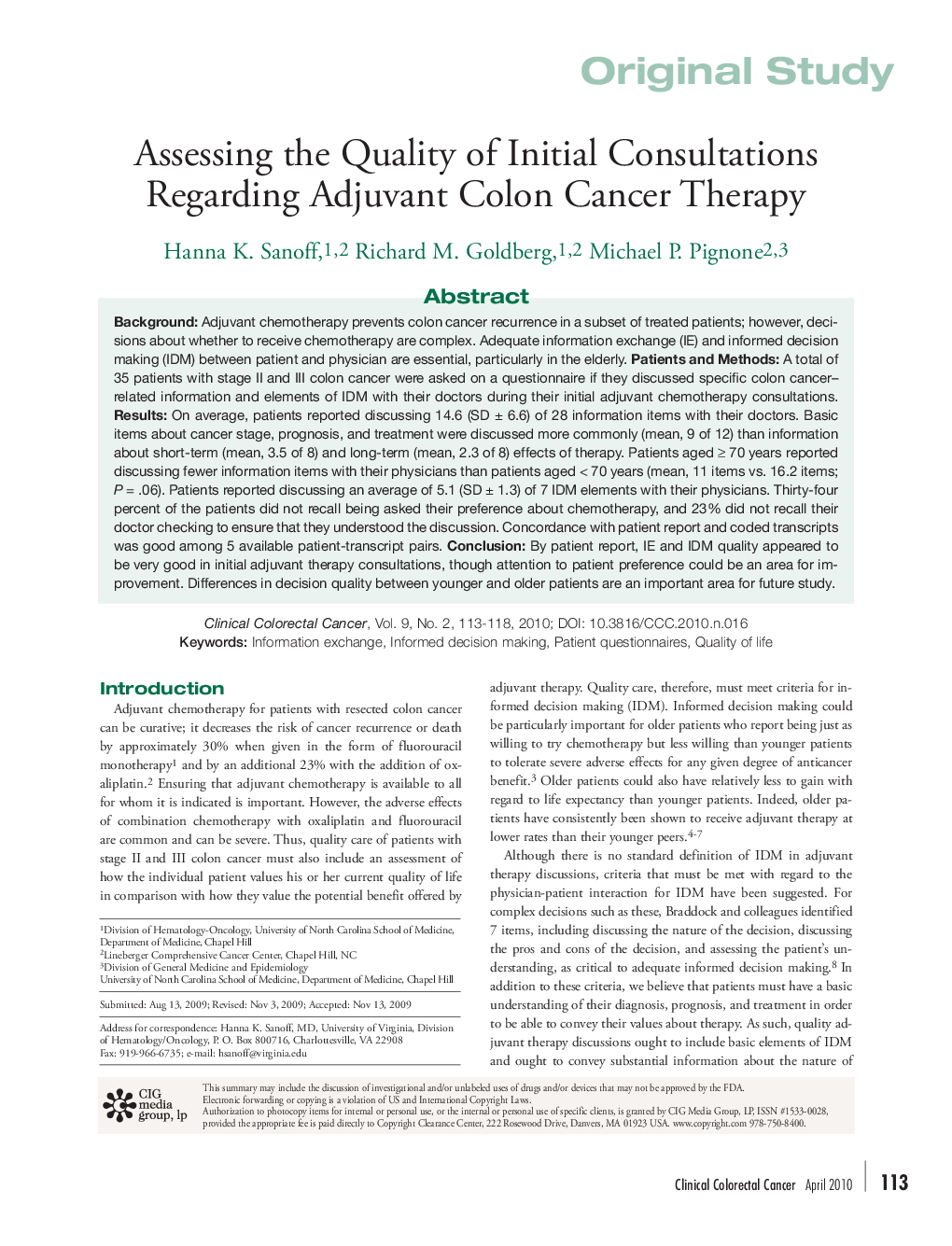 Assessing the Quality of Initial Consultations Regarding Adjuvant Colon Cancer Therapy 