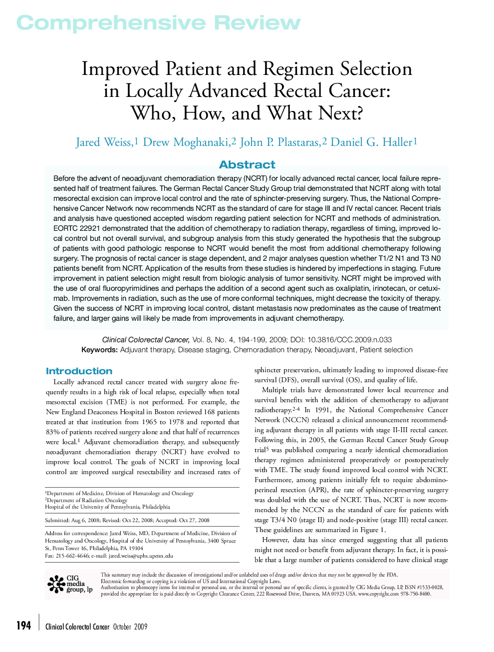 عکس صفحه اول مقاله: Improved Patient and Regimen Selection in Locally Advanced Rectal Cancer: Who, How, and What Next? Improved Patient and Regimen Selection in Locally Advanced Rectal Cancer: Who, How, and What Next?