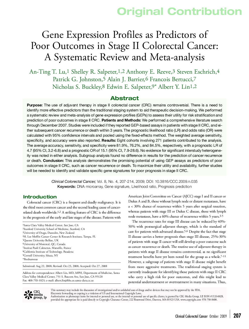 عکس صفحه اول مقاله: Gene Expression Profiles as Predictors of Poor Outcomes in Stage II Colorectal Cancer: A Systematic Review and Meta-analysis Gene Expression Profiles as Predictors of Poor Outcomes in Stage II Colorectal Cancer: A Systematic Review and Meta-analysis