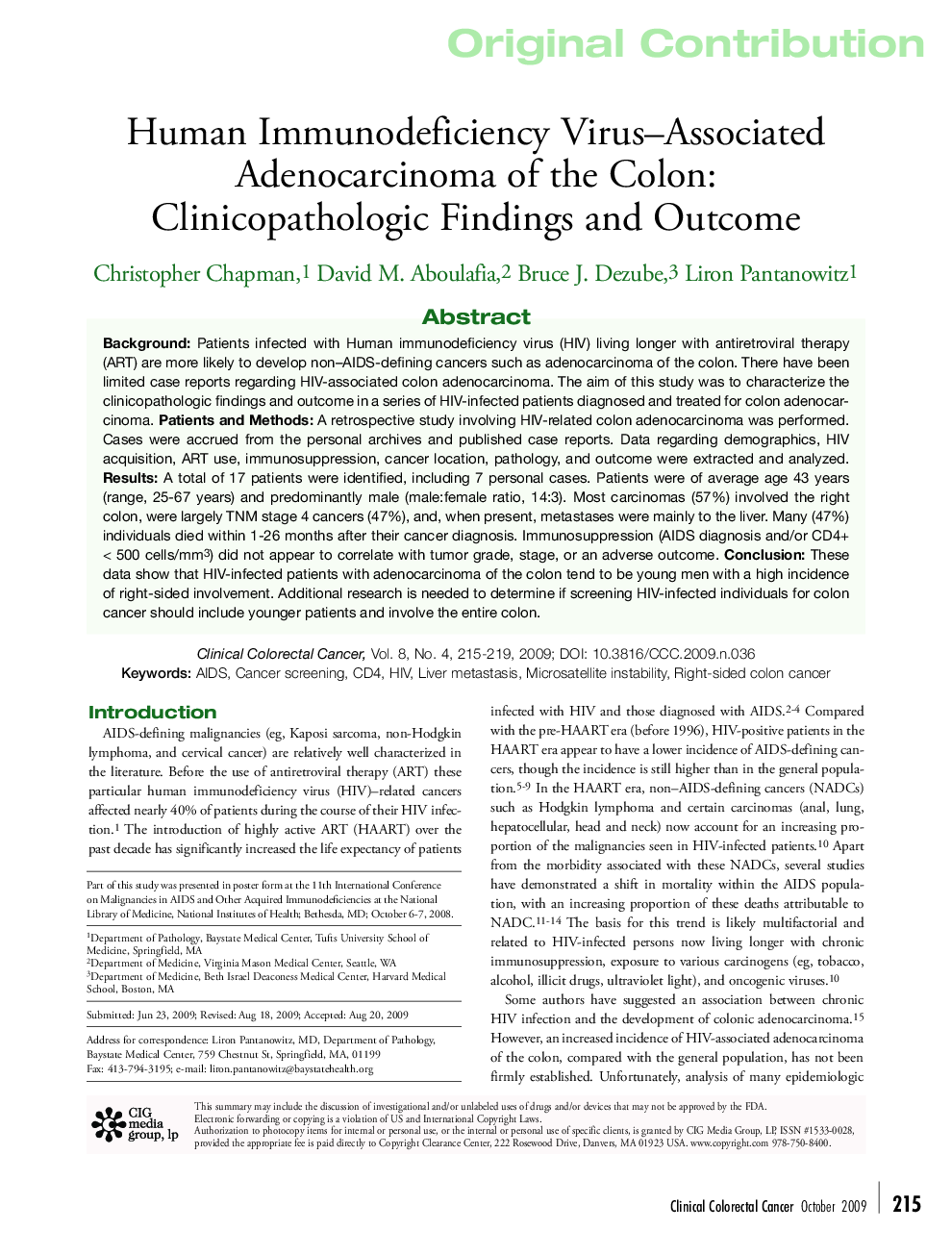 عکس صفحه اول مقاله: Human Immunodeficiency Virus–Associated Adenocarcinoma of the Colon: Clinicopathologic Findings and Outcome Human Immunodeficiency Virus–Associated Adenocarcinoma of the Colon: Clinicopathologic Findings and Outcome