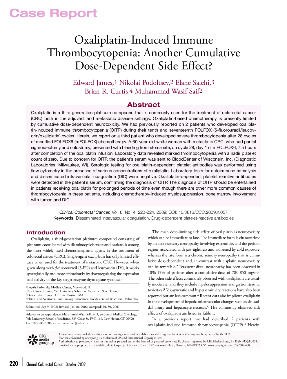 عکس صفحه اول مقاله: Oxaliplatin-Induced Immune Thrombocytopenia: Another Cumulative Dose-Dependent Side Effect? Oxaliplatin-Induced Immune Thrombocytopenia: Another Cumulative Dose-Dependent Side Effect?