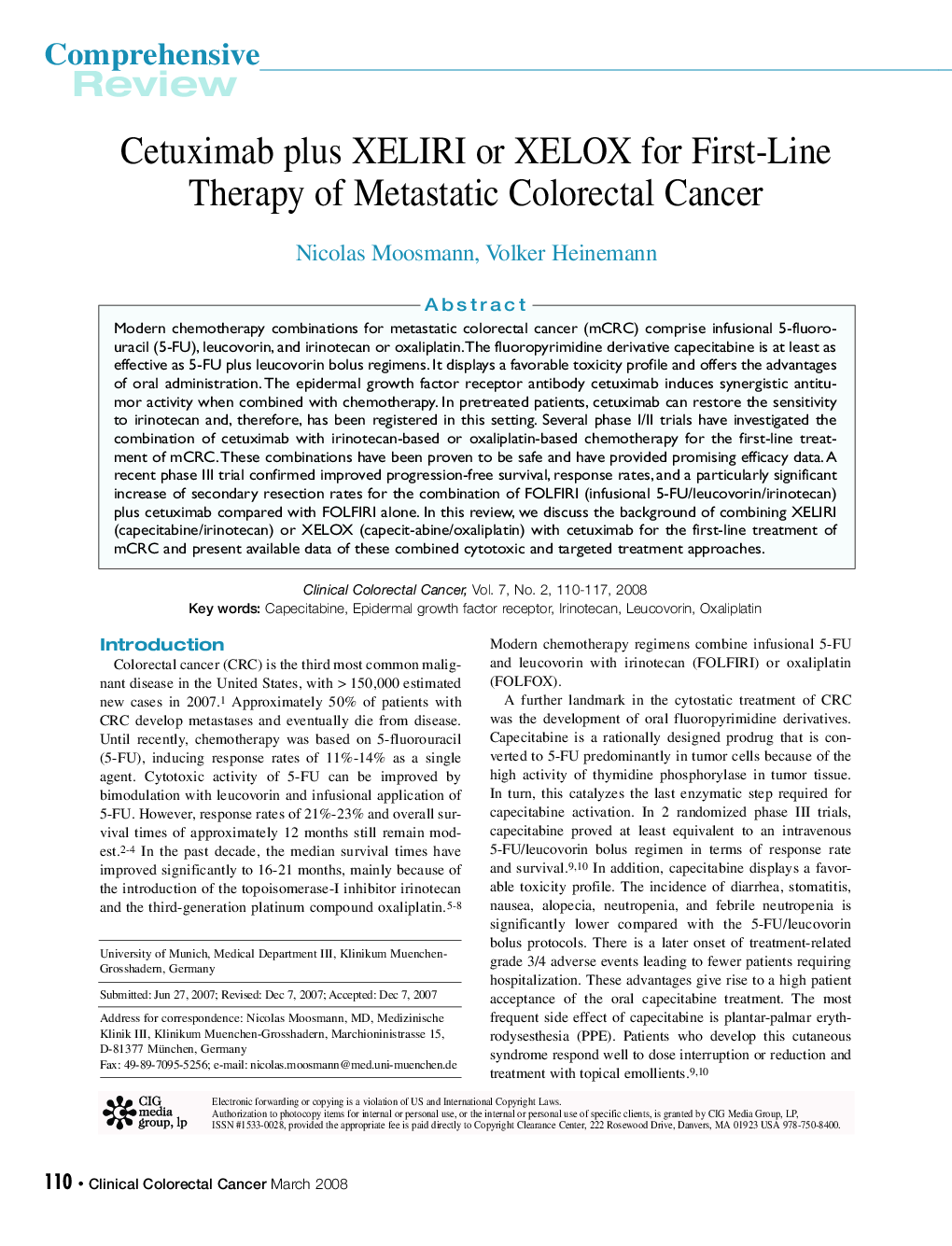 عکس صفحه اول مقاله: Cetuximab plus XELIRI or XELOX for First-Line Therapy of Metastatic Colorectal Cancer Cetuximab plus XELIRI or XELOX for First-Line Therapy of Metastatic Colorectal Cancer