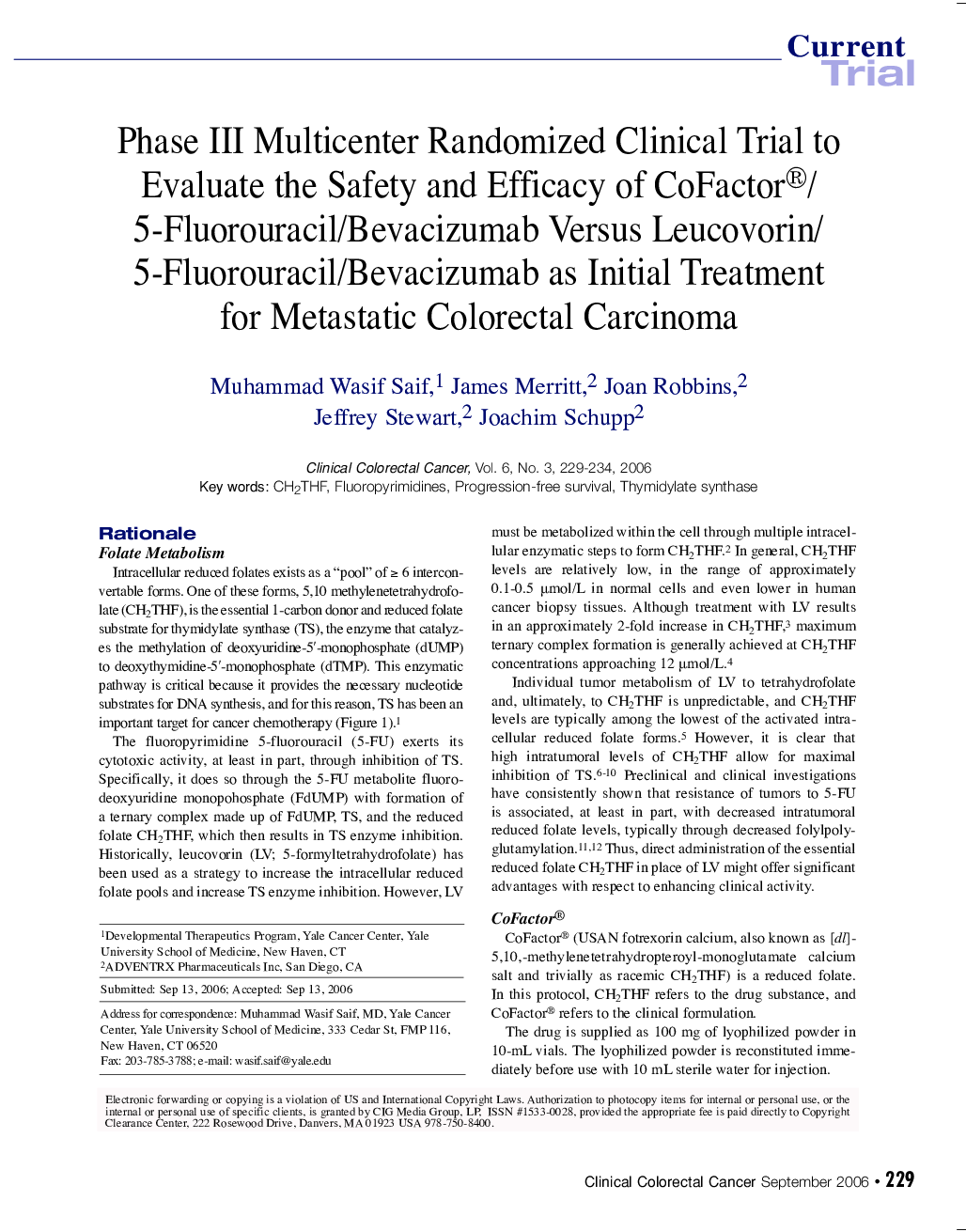 Phase III Multicenter Randomized Clinical Trial to Evaluate the Safety and Efficacy of CoFactor®/5-Fluorouracil/Bevacizumab Versus Leucovorin/5-Fluorouracil/Bevacizumab as Initial Treatment for Metastatic Colorectal Carcinoma