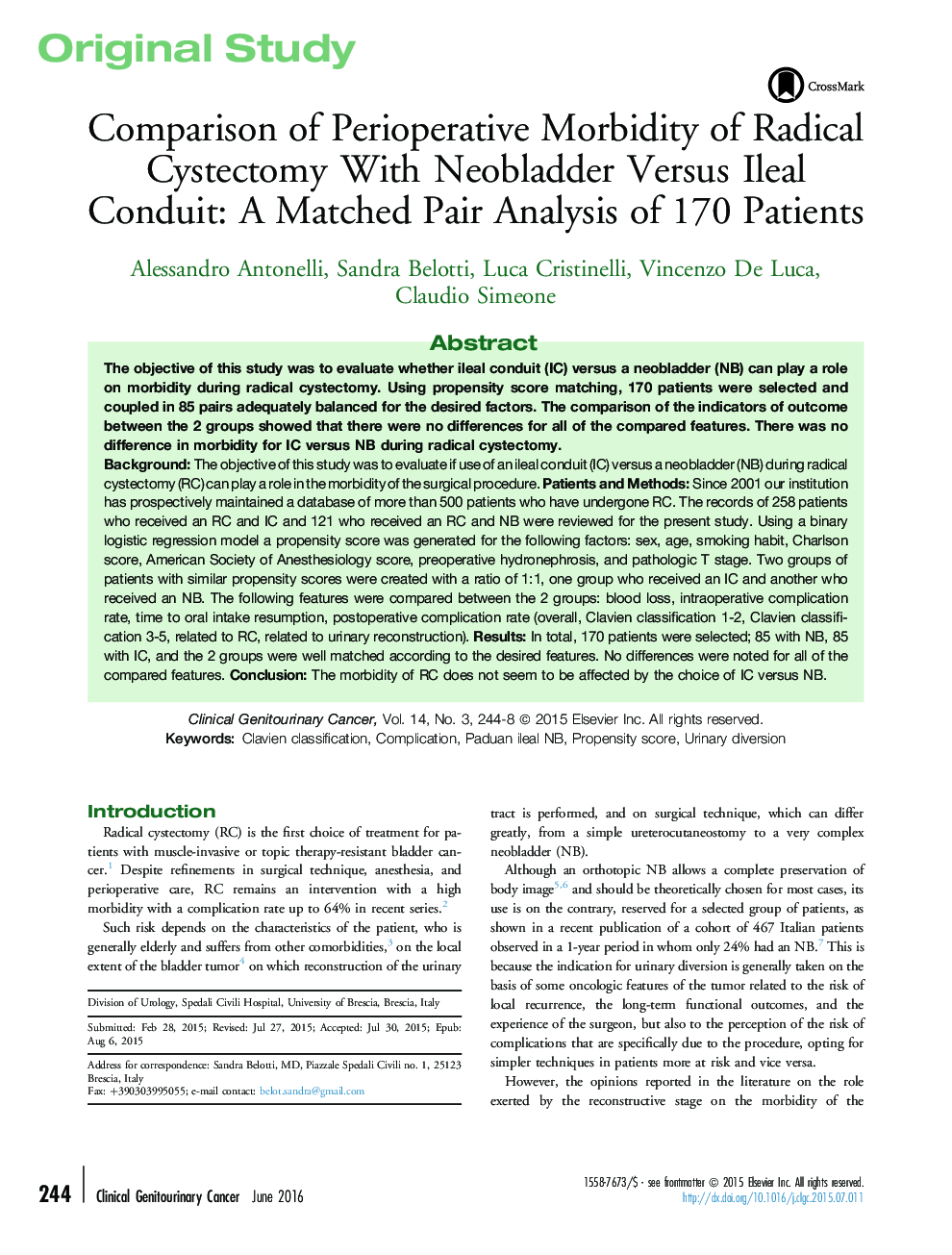 Comparison of Perioperative Morbidity of Radical Cystectomy With Neobladder Versus Ileal Conduit: A Matched Pair Analysis of 170 Patients