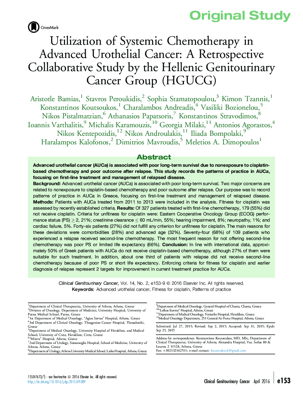 Utilization of Systemic Chemotherapy in Advanced Urothelial Cancer: A Retrospective Collaborative Study by the Hellenic Genitourinary Cancer Group (HGUCG)