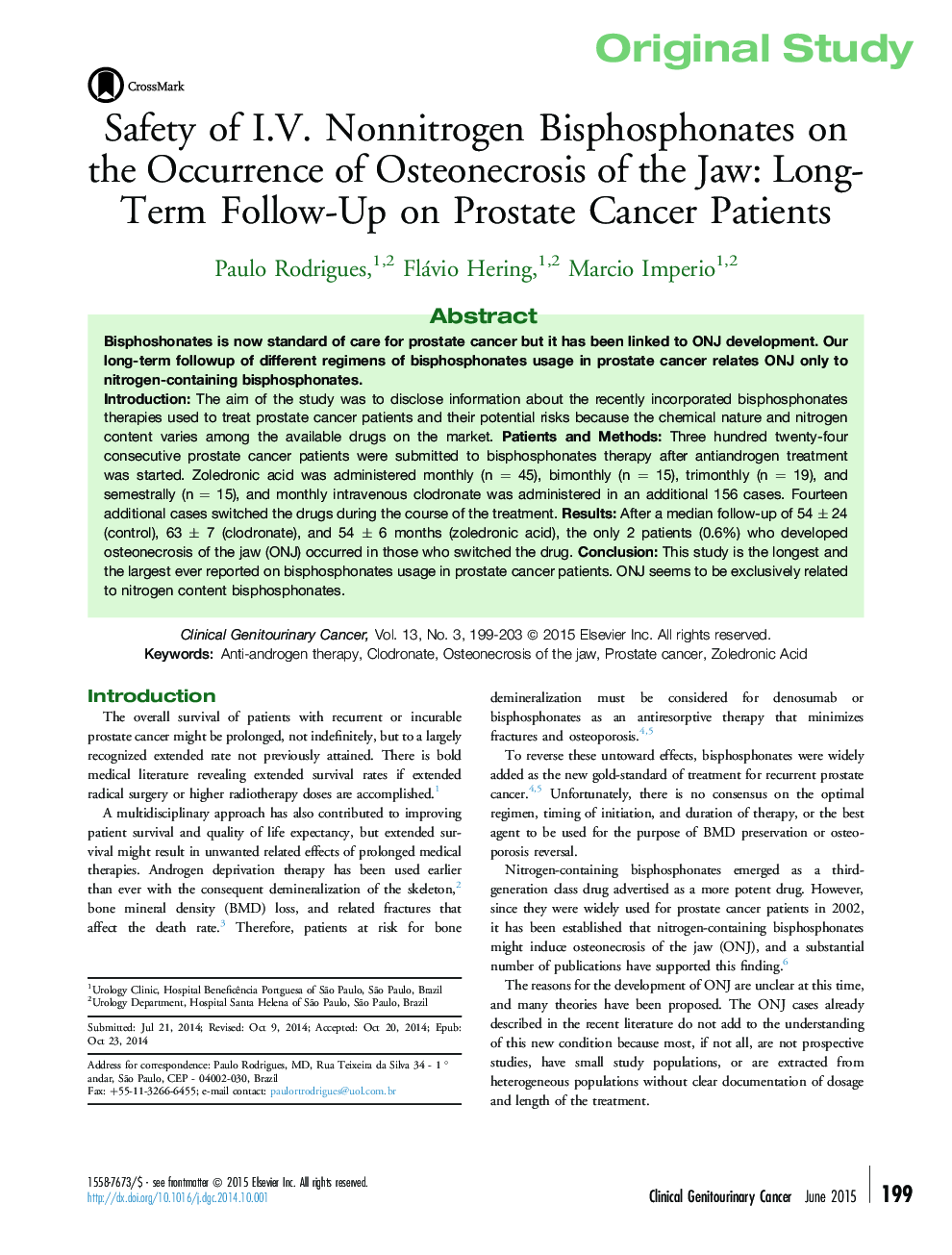 Safety of I.V. Nonnitrogen Bisphosphonates on the Occurrence of Osteonecrosis of the Jaw: Long-Term Follow-Up on Prostate Cancer Patients