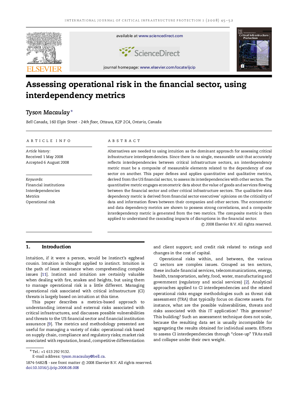 Assessing operational risk in the financial sector, using interdependency metrics