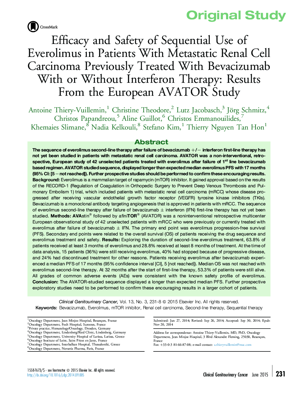 Efficacy and Safety of Sequential Use of Everolimus in Patients With Metastatic Renal Cell Carcinoma Previously Treated With Bevacizumab With or Without Interferon Therapy: Results From the European AVATOR Study