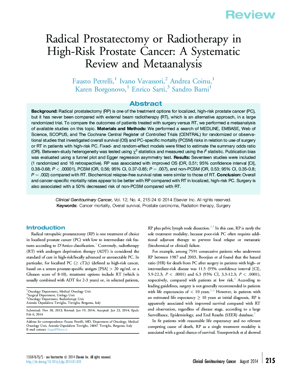 Radical Prostatectomy or Radiotherapy in High-Risk Prostate Cancer: A Systematic Review and Metaanalysis