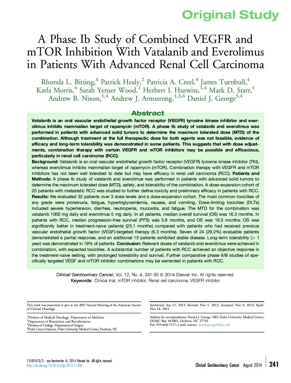 A Phase Ib Study of Combined VEGFR and mTOR Inhibition With Vatalanib and Everolimus in Patients With Advanced Renal Cell Carcinoma