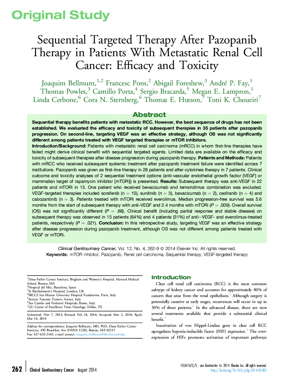 Sequential Targeted Therapy After Pazopanib Therapy in Patients With Metastatic Renal Cell Cancer: Efficacy and Toxicity