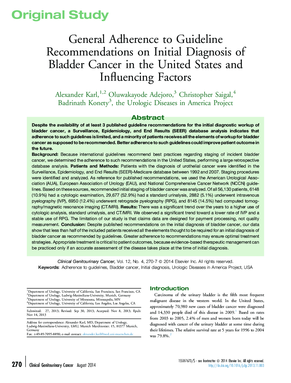 پایبندی عمومی به توصیه های راهنمایی در تشخیص اولیه سرطان مثانه در ایالات متحده و عوامل موثر بر آن 