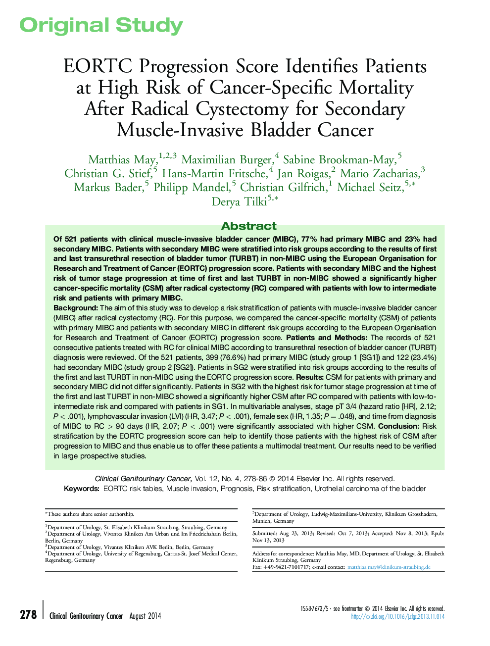 عکس صفحه اول مقاله: EORTC Progression Score Identifies Patients at High Risk of Cancer-Specific Mortality After Radical Cystectomy for Secondary Muscle-Invasive Bladder Cancer EORTC Progression Score Identifies Patients at High Risk of Cancer-Specific Mortality After Radical Cystectomy for Secondary Muscle-Invasive Bladder Cancer